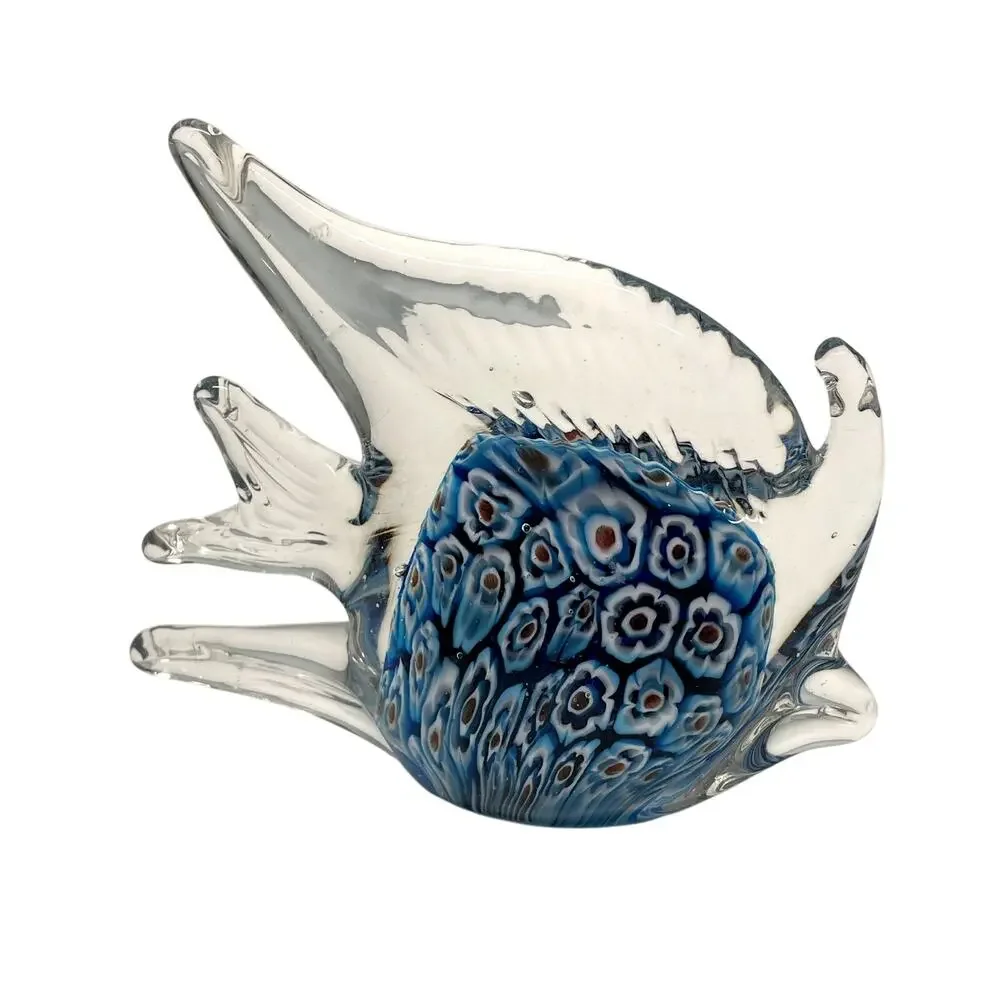 Vintage Art Glass Fish Paperweight Blue Clear Fins Murano Style
